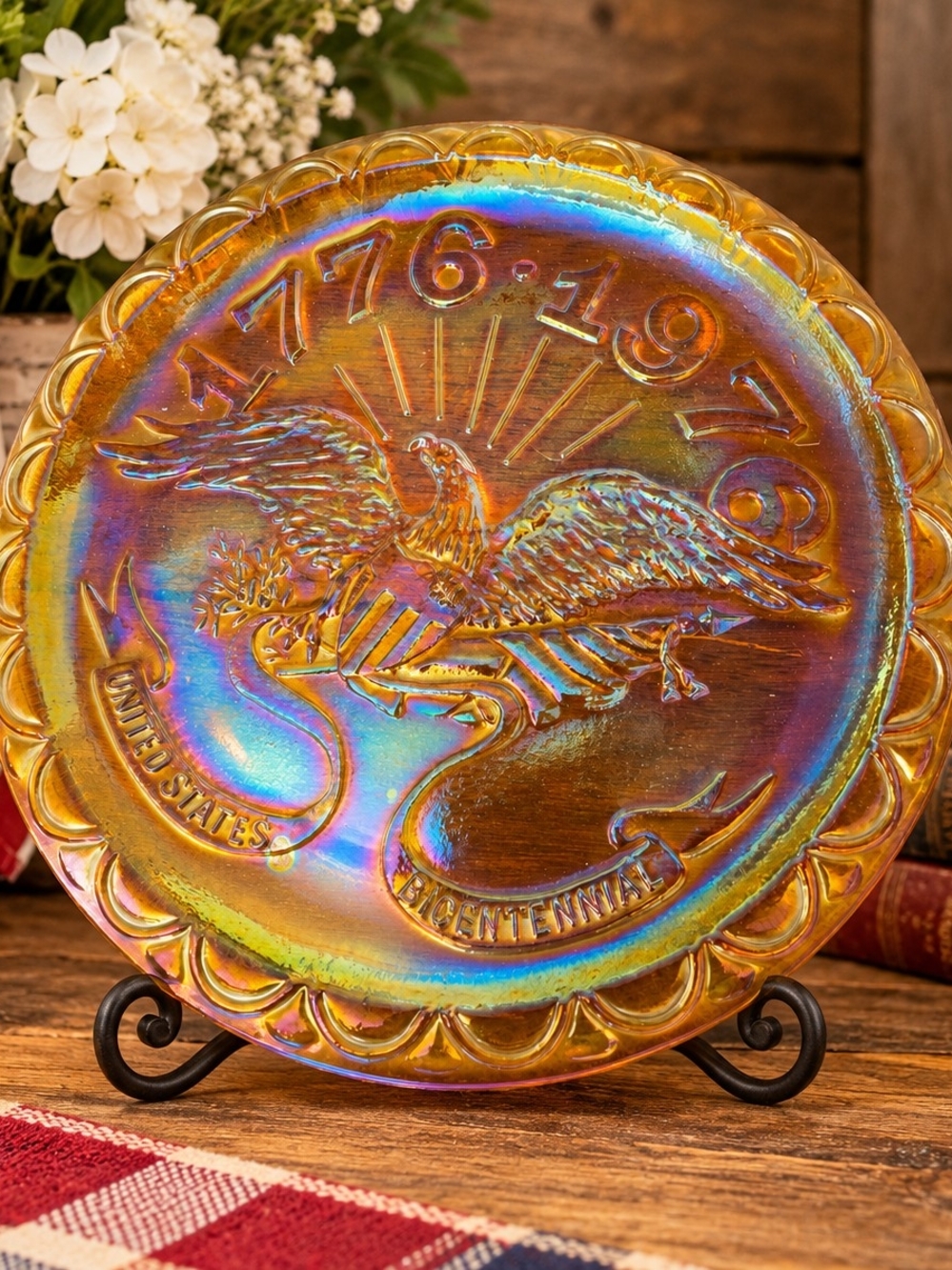 Vintage 1976 Bicentennial Eagle Amber Carnival Glass Plate 8 Inch